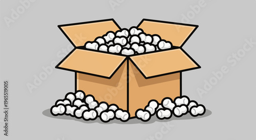 Open cardboard box overflowing with white packing peanuts and scattered