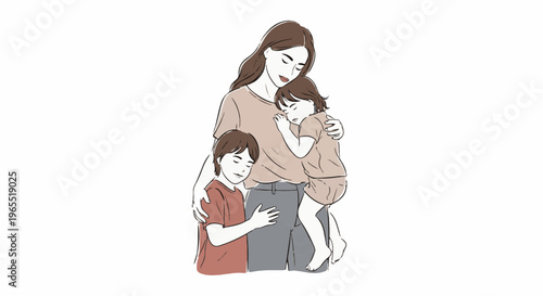 Mother embraces two children, one asleep, with warmth and care