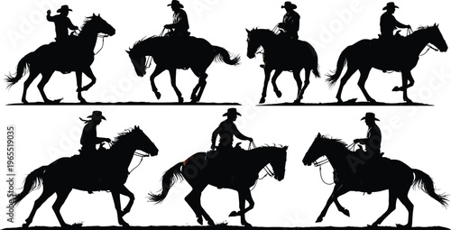 Cowboy Riding Horse Silhouettes on White Background