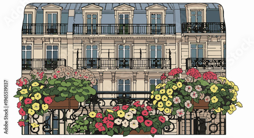 Ornate Parisian building facade with blooming flower boxes on balconies