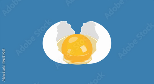 Open egg with bright yellow yolk on blue background