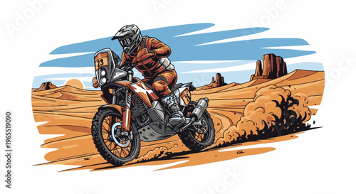 Motorcyclist racing through a desert with dusty trails and mesas