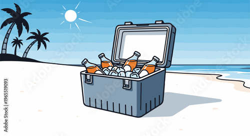 Open cooler with bottles and ice on a sandy beach with palm trees and ocean