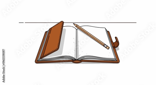 Open leather-bound notebook with a pencil resting on blank pages