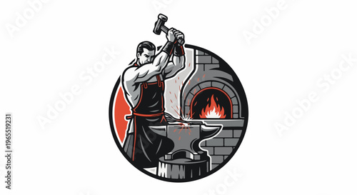 Muscular blacksmith hammers glowing metal on anvil near furnace