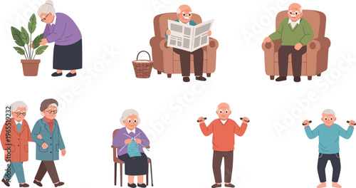 Elderly people engage in various relaxing activities like gardening.