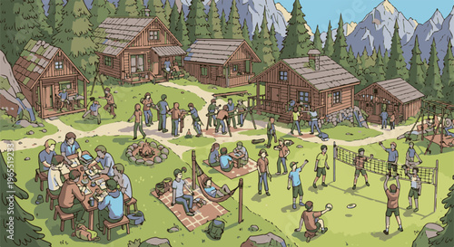 Mountain lodge summer camp scene with diverse recreational activities and people