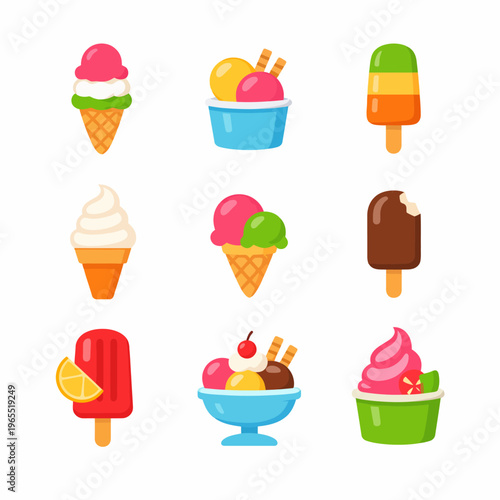 Colorful assorted ice cream and popsicles in various flavors and styles