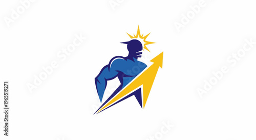 Muscular blue silhouette surges upward with yellow lightning bolt