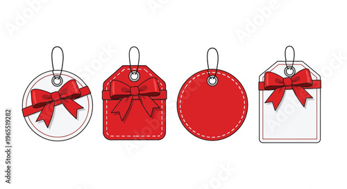 Four red gift tags with ribbons arranged in a horizontal row