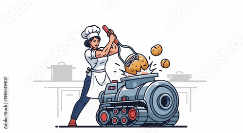 Muscular chef mashes potatoes into a robot