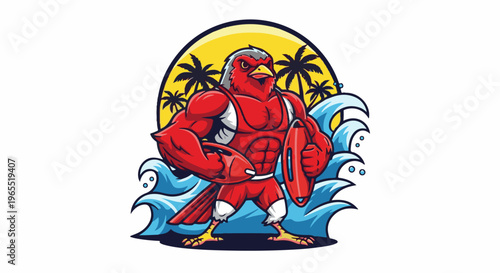 Muscular red bird lifeguard with rescue buoy on tropical beach background