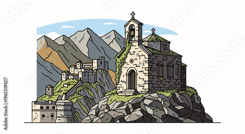 Mountainous village with stone church and fortress on rocky outcrops