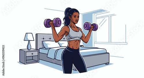 Muscular woman exercising with dumbbells in a bedroom