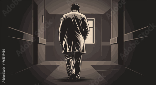 Lone figure in a long corridor, walking away towards a distant light