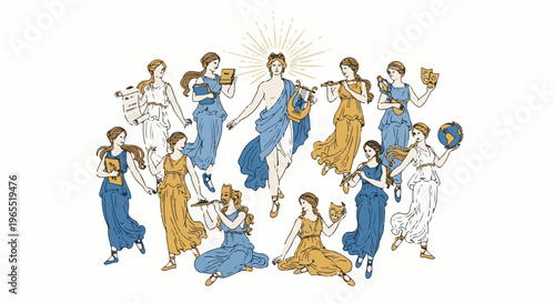 Muses depicted with classical instruments, masks, and globe around Apollo