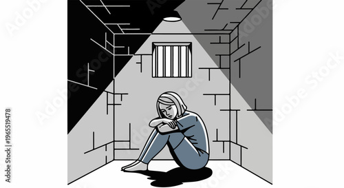 Lone figure crouched in a dark cell, illuminated by a single light