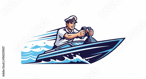 Man in captain's hat steers a fast-moving speedboat through blue waves