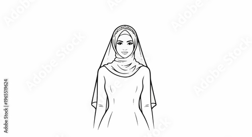 Line drawing of a woman wearing a hijab and long dress
