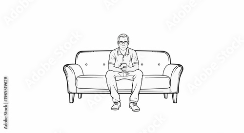 Line drawing of a man with glasses sitting on a couch holding a phone