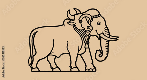 Line art of a bull and elephant together, representing duality and strength