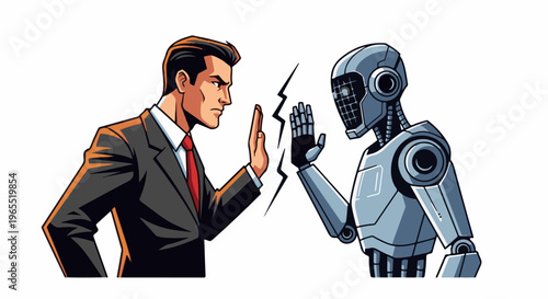 Man in suit and robot face off, hands up, with lightning bolt between them