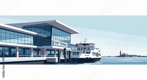 Modern ferry terminal building with a large boat docked by the water