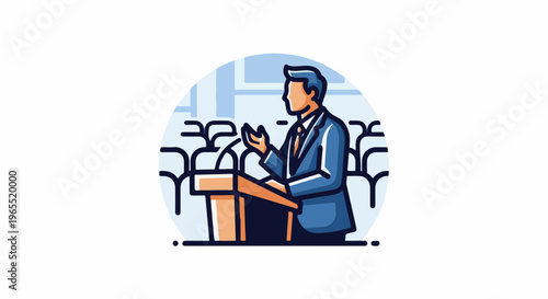 Man in suit speaking at a podium in front of an audience