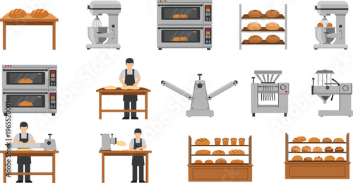 Bakery equipment and bread production vector set including ovens, mixers, dough preparation, baking process and fresh bread display shelves