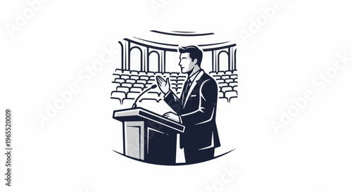 Man in suit speaking at podium before audience in auditorium