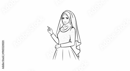 Line art drawing of a woman in a hijab and flowing dress, pointing