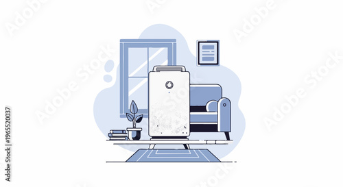 Modern interior scene with an air purifier, sofa, window, and books