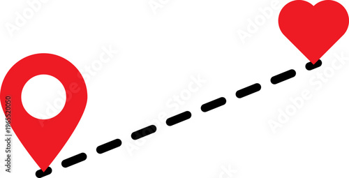 A heart connected to a location pin with a dashed line