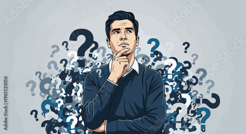 Man in thought surrounded by numerous blue and white question marks