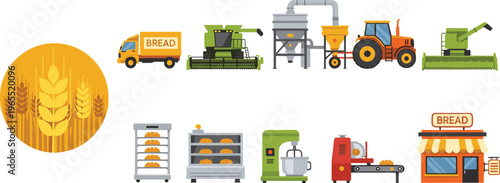 Bread production chain vector illustration showing wheat farming, harvesting, processing, baking, packaging and retail bakery shop distribution workflow