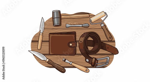 Leather crafting tools and accessories laid out on a wooden surface