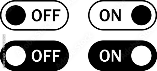 Illustrations of on-off toggle switches in different styles and color schemes