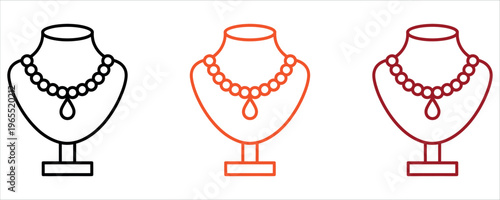 Clean vector illustration of three empty necklace display stands showcasing colorful beaded jewelry outlines in white, orange, and red. Ideal for fashion, jewelry marketing, retail design.