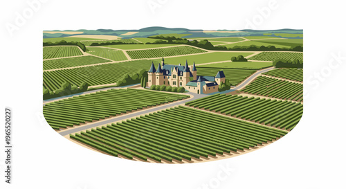 Majestic castle and sprawling vineyards under rolling green hills