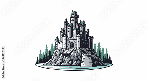 Majestic castle perched atop a rocky mountain surrounded by tall pines and water