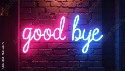 Neon sign with words good bye glows on brick wall. Bright pink and blue lights illuminate text. Retro style decor for bar, club, or party. Farewell message in electric font.