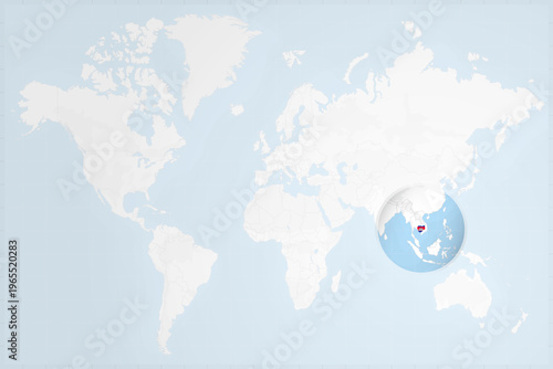 Cambodia Map with Flag in Magnifying Glass on World Map Background