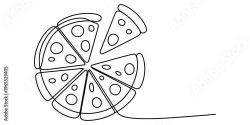 A single continuous line drawing of a delicious pepperoni pizza cut into several distinct slices