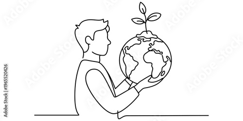 A single line drawing of a person holding a globe with a small plant growing on top of the world.