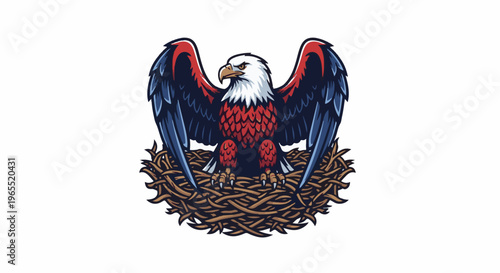 Majestic eagle with spread wings rests in a twig nest