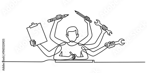 Continuous line drawing of a multitasking person holding various tools and office supplies here.