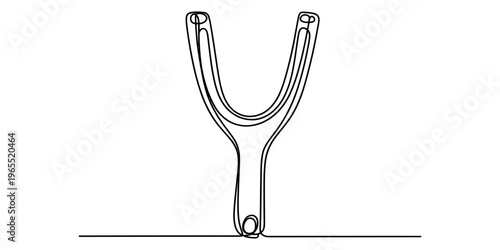 A single continuous line drawing of a simple wooden slingshot or catapult toy on white background
