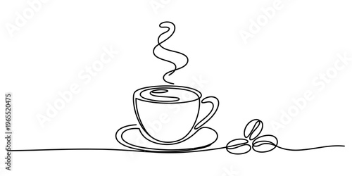 A minimalist single line drawing of a steaming cup of hot coffee with roasted coffee beans near it.