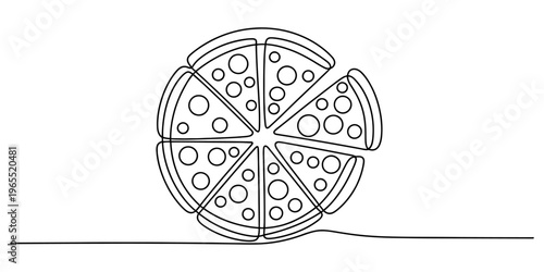 A single continuous line drawing of a delicious pepperoni pizza sliced into several equal parts