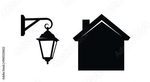 Black shapes depict a house and lantern a stark silhouette